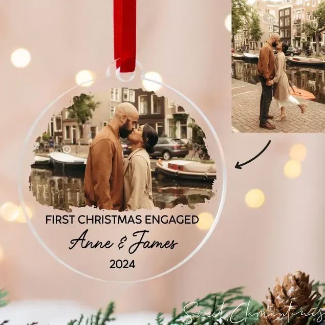Personalized Our First Christmas Engaged Ornament, Custom Photo Ornament, Christmas Gift for Couple, Engagement Gifts, Christmas Ornaments