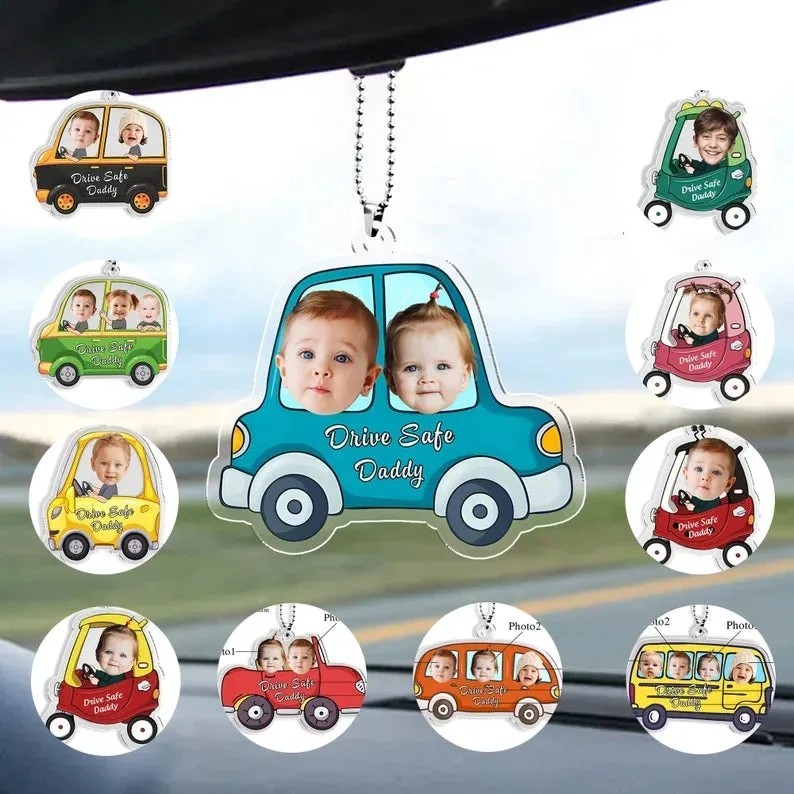 Father's Day Gift Customized Drive Safe Daddy Acrylic Car Hanger, Personalized Acrylic Car Hanger, 1st Fathers Day Gift for Husband - CustomPhotoKeychainUK