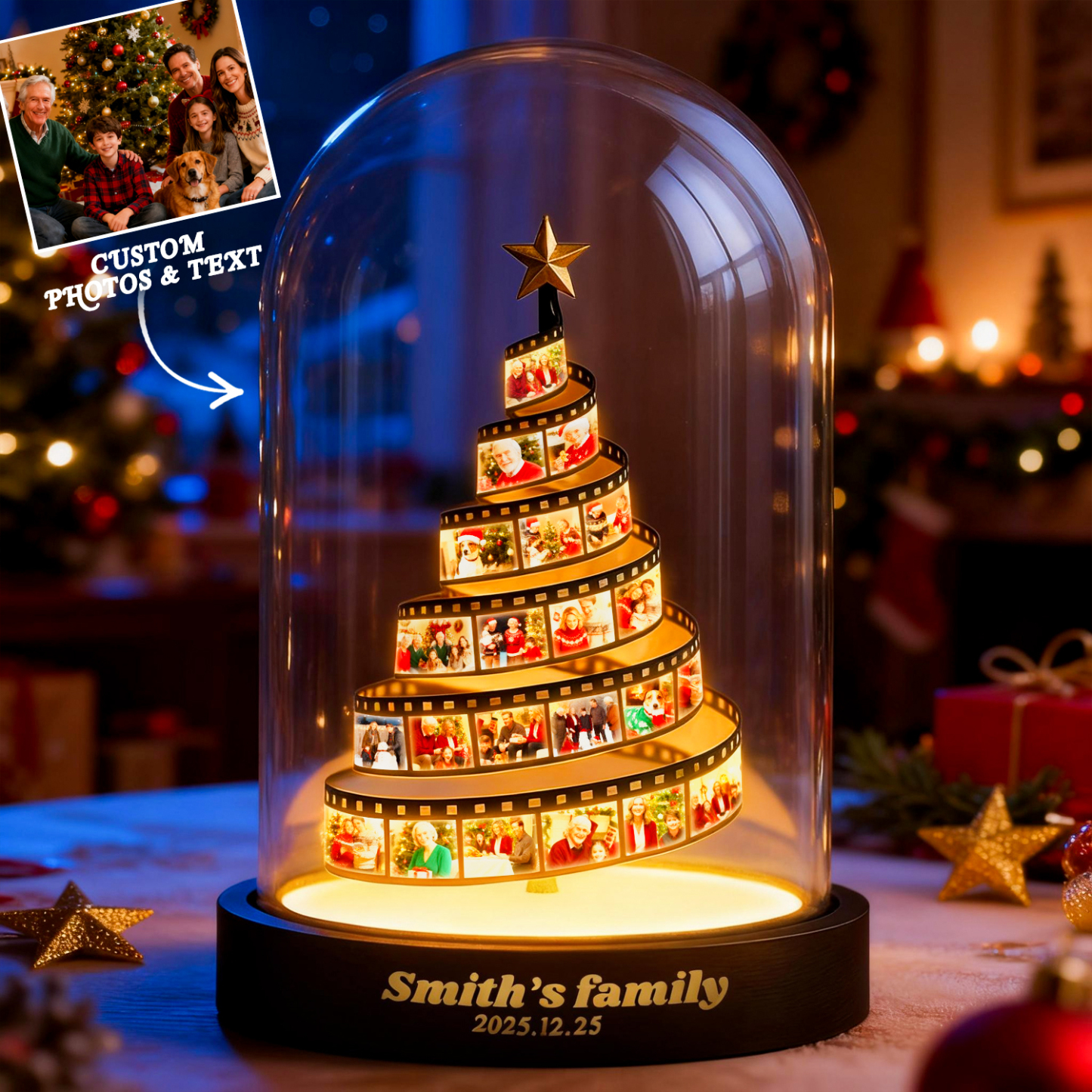 Custom Photo Film Christmas Tree Night Light Personalized Family Keepsake with Engraved Base