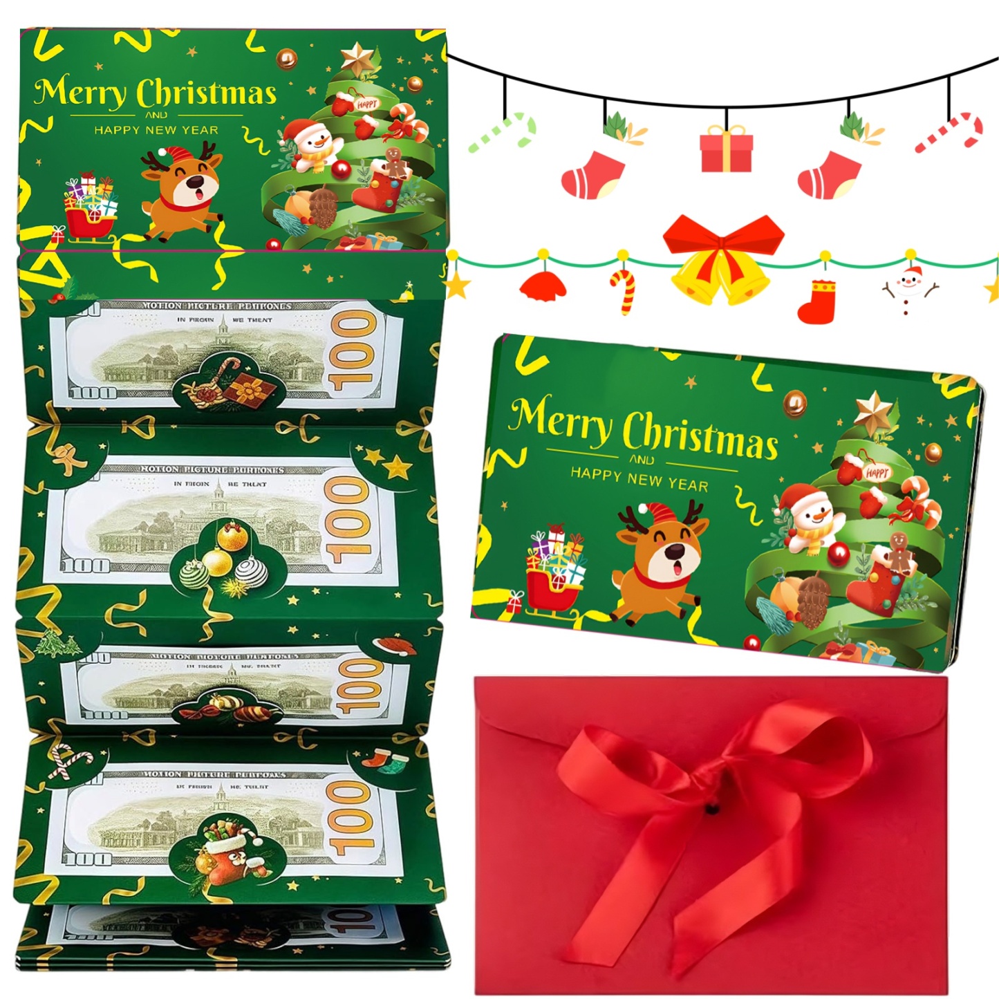 Christmas Money Envelope – 6 Slot Foldable Red Packet, Gold Foil Merry Christmas Design, Holiday Gift Money Holder, Cash Envelope for Xmas Gift Giving