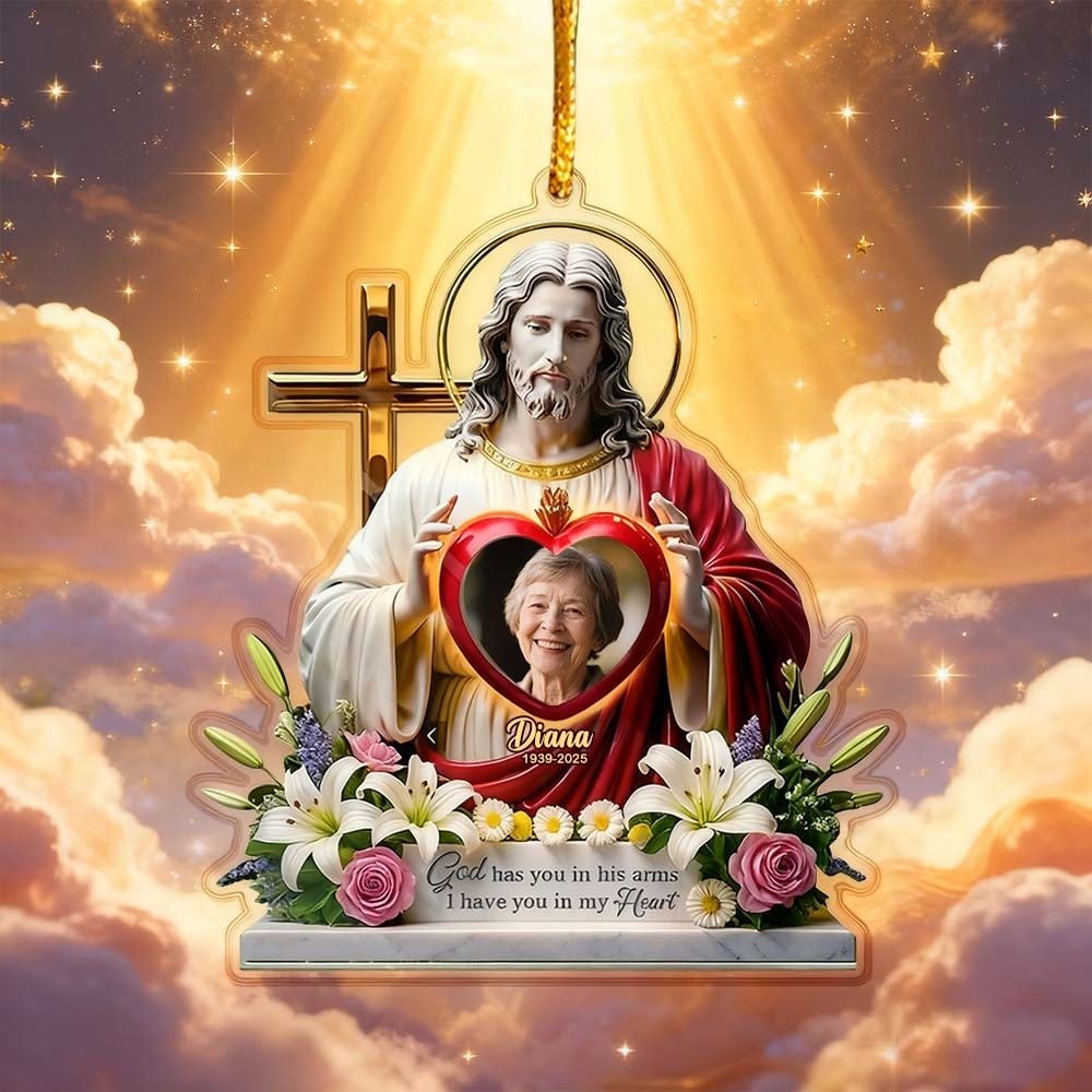 Personalized Memorial Ornament Sacred Heart of Jesus - MyPhotoKeychainUK