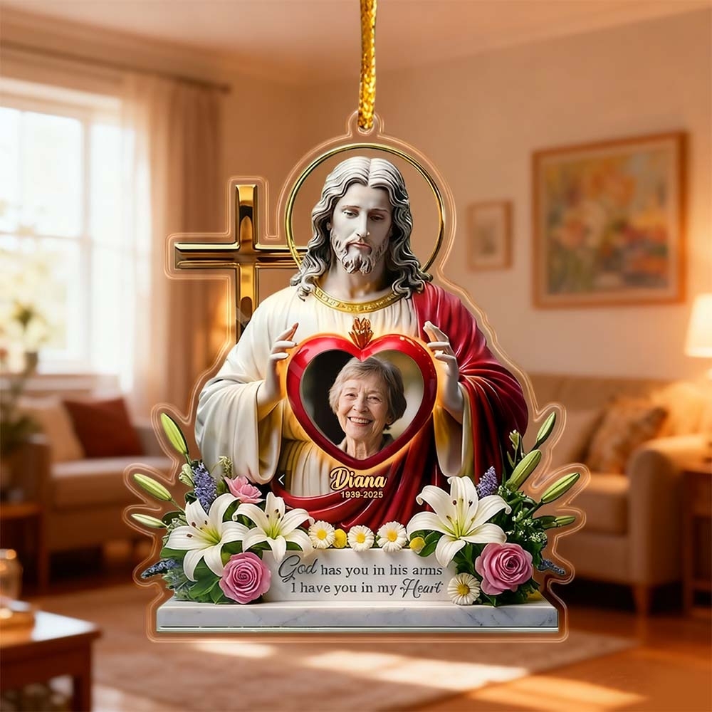 Personalized Memorial Ornament Sacred Heart of Jesus - MyPhotoKeychainUK