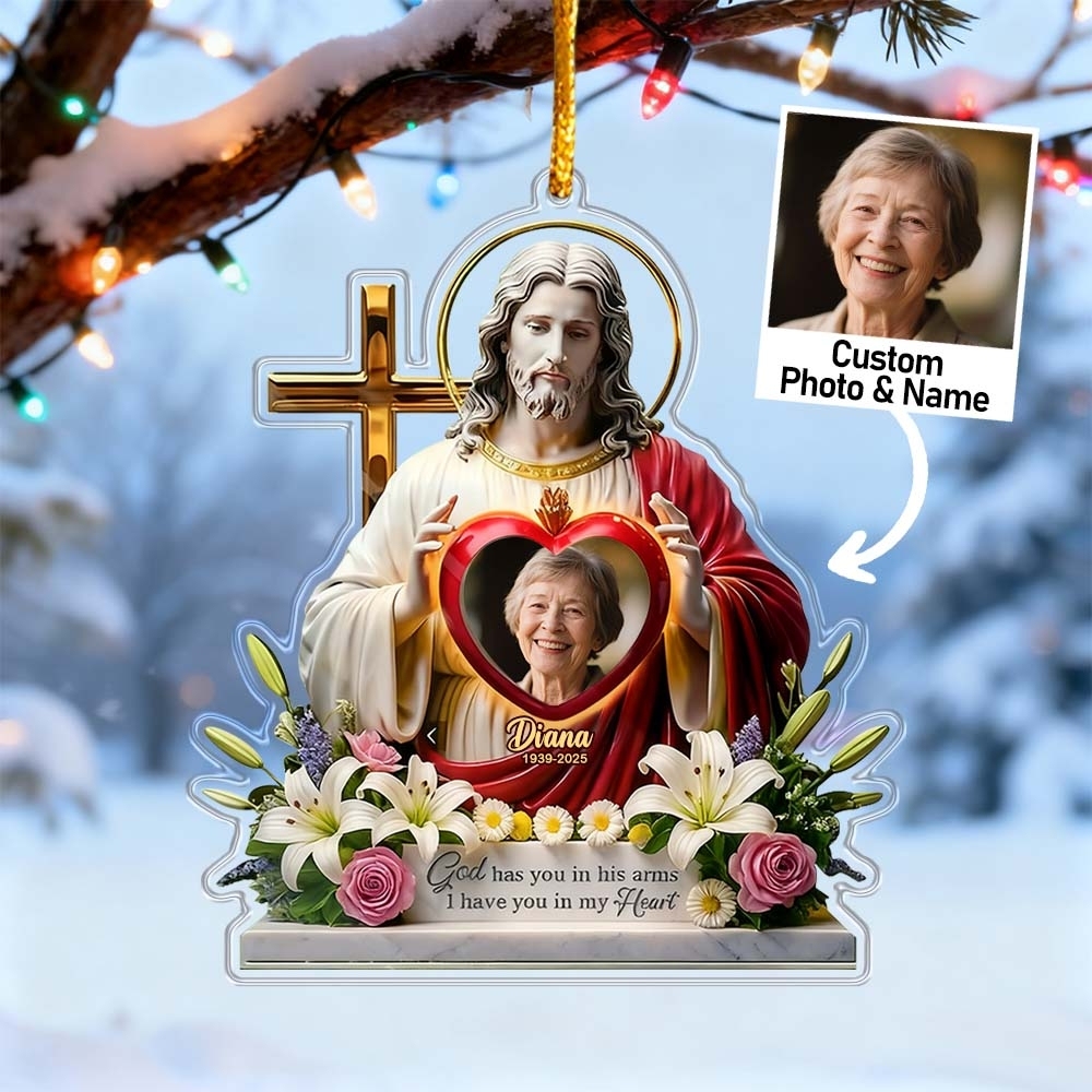 Personalized Memorial Ornament Sacred Heart of Jesus - MyPhotoKeychainUK