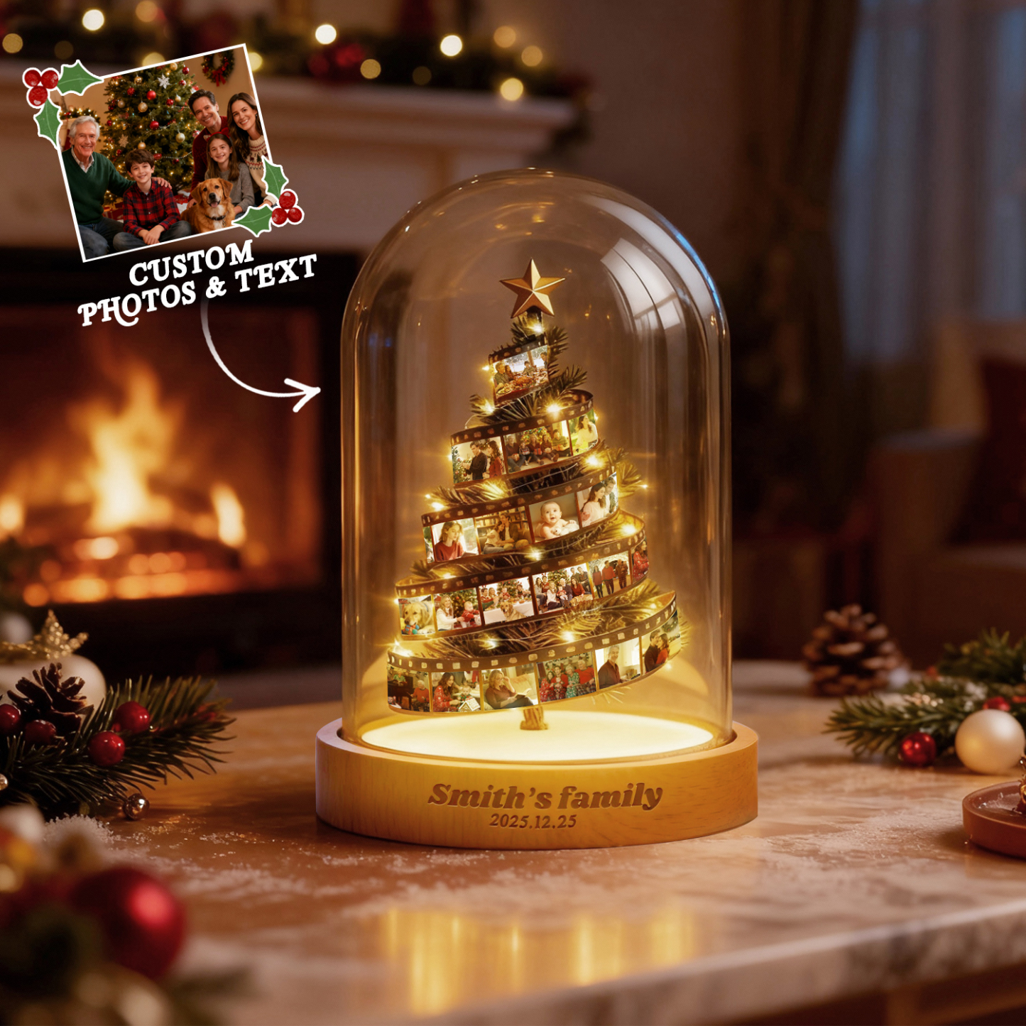 Custom Photo Film Christmas Tree Night Light Personalized Family Keepsake with Engraved Base Christmas Gift - MyPhotoKeychainUK