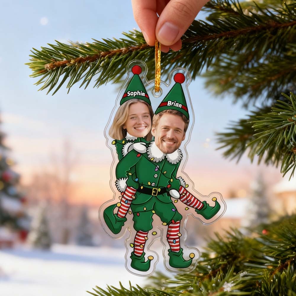 Playful Elf Christmas Ornaments Personalized Couple Transparent Ornament - MyPhotoKeychainUK