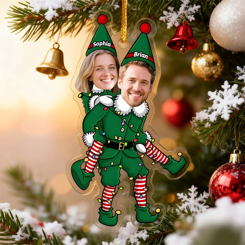 Playful Elf Christmas Ornaments Personalized Couple Transparent Ornament - MyPhotoKeychainUK