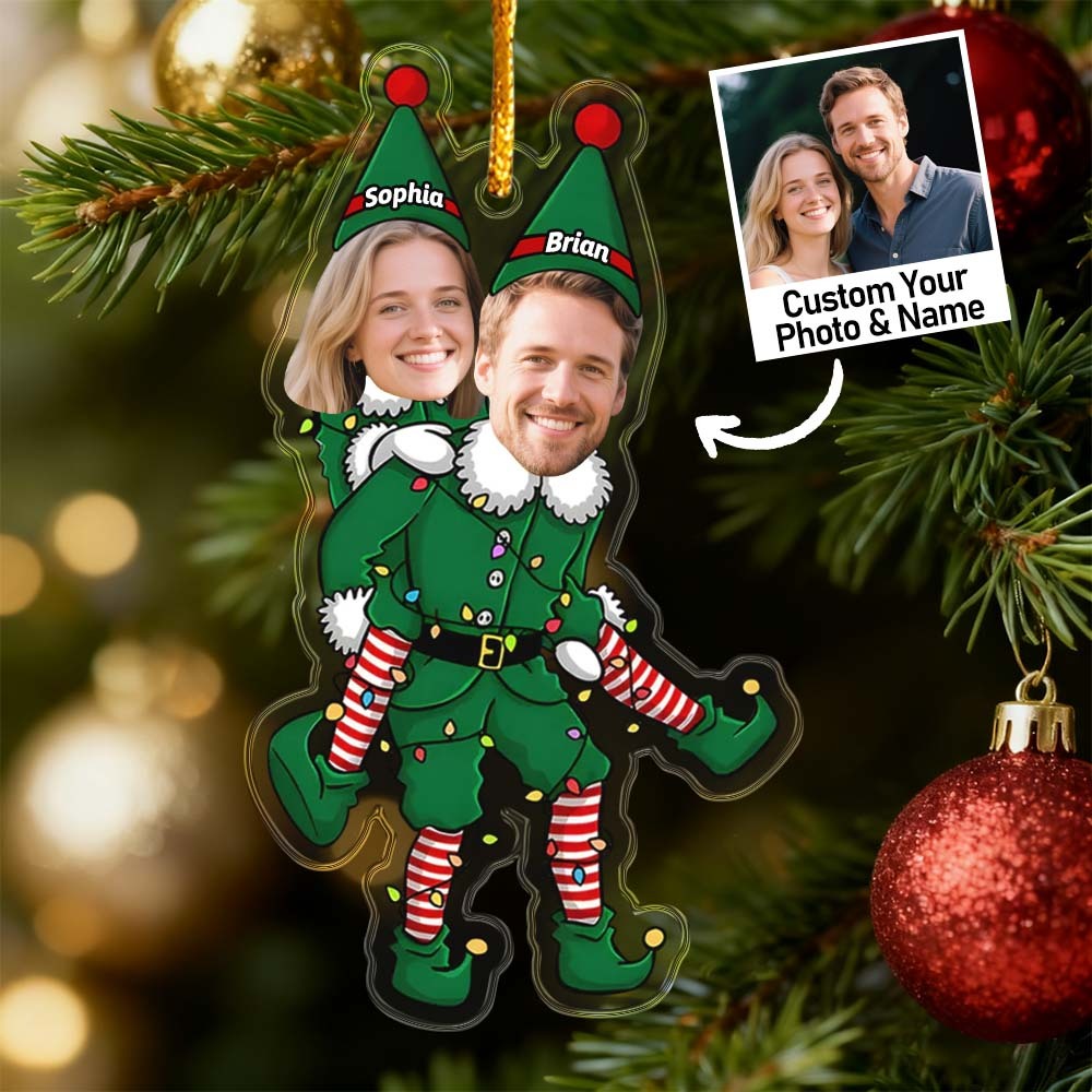 Playful Elf Christmas Ornaments Personalized Couple Transparent Ornament - MyPhotoKeychainUK