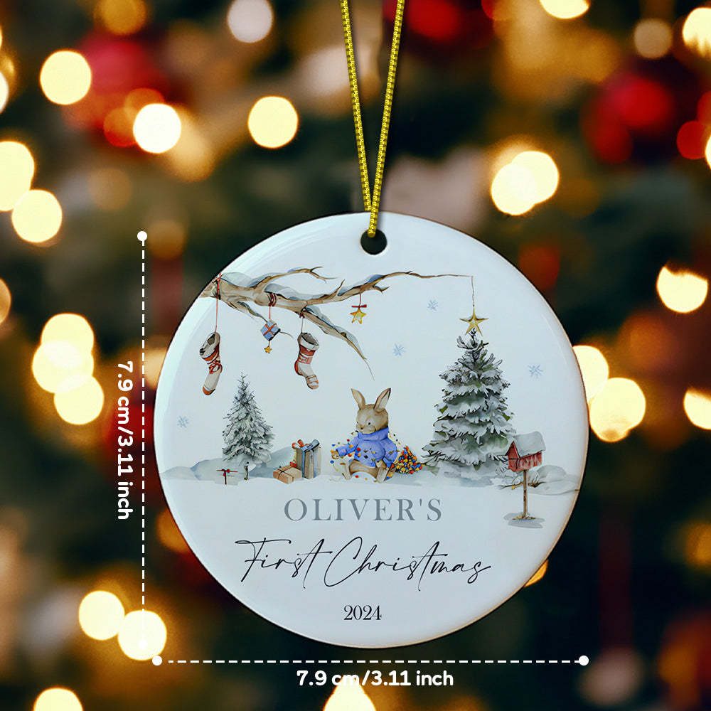 Personalized Rabbit Ceramic Ornament with Name Baby's First Christmas Ornament for New Baby Christmas Gift -