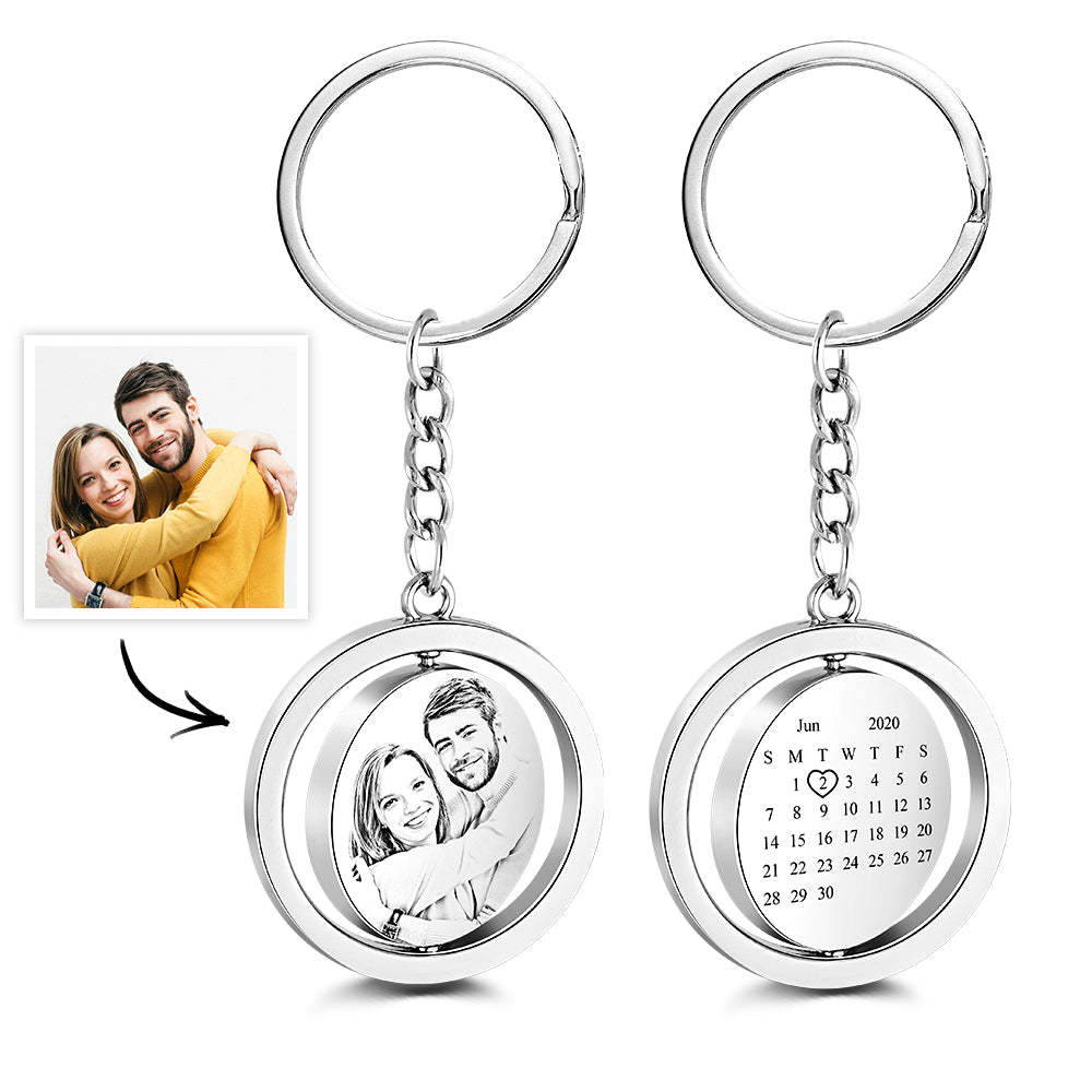 Custom Photo Calendar Keychain Rotate Special Date Couple Anniversary Gifts - PhotoKeychain