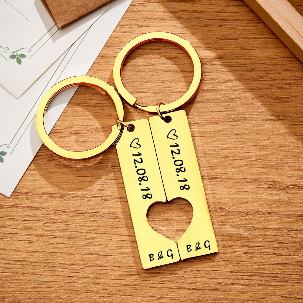 Couple Keychain Set Heart Custom Keychain Personalized 2pcs Matching Keyring Gift for Him - customphotokeychain