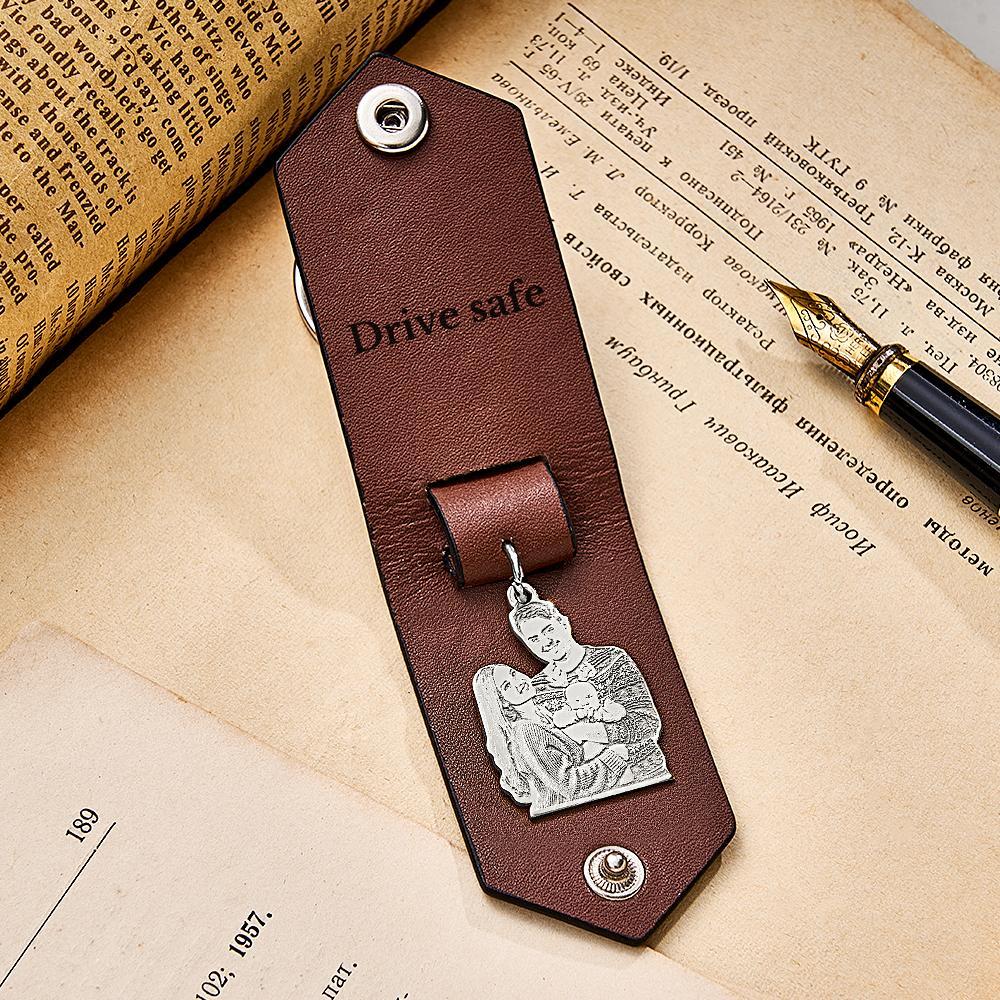 Custom Photo Leather Keychain With Text Annivesary Gifts For Men - PhotoKeychain