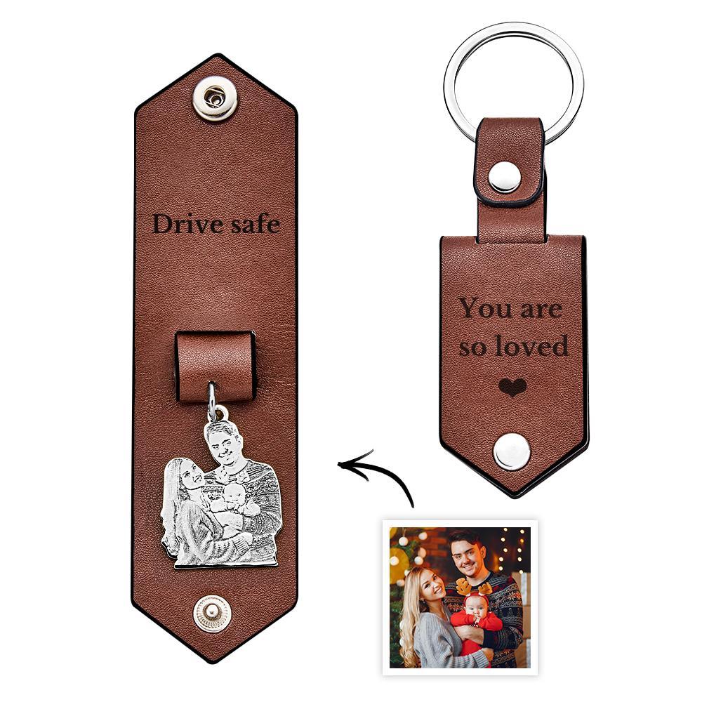 Custom Photo Leather Keychain With Text Annivesary Gifts For Men - PhotoKeychain