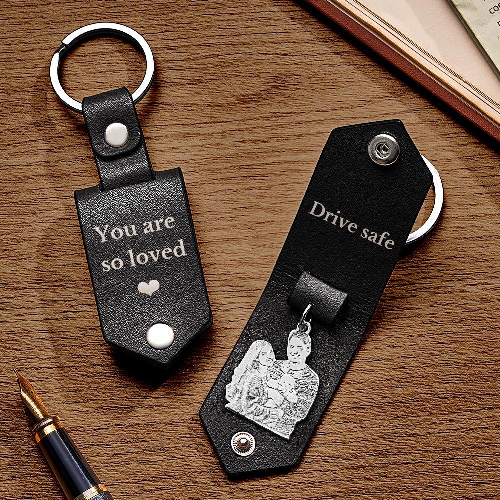 Custom Photo Leather Keychain With Text Annivesary Gifts For Men - PhotoKeychain