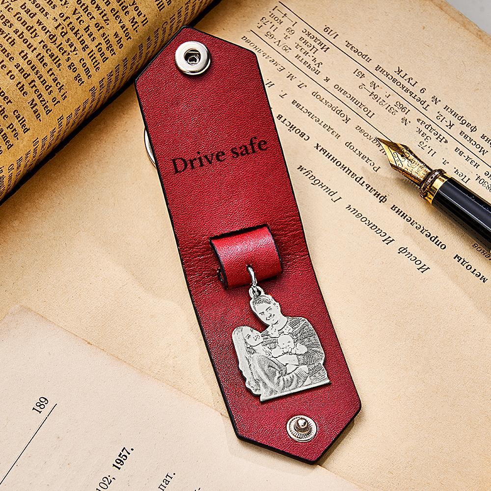 Custom Photo Leather Keychain With Text Annivesary Gifts For Men - PhotoKeychain
