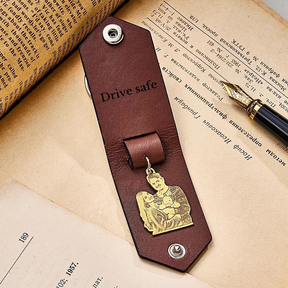 Custom Photo Leather Keychain With Text Annivesary Gifts For Men - PhotoKeychain
