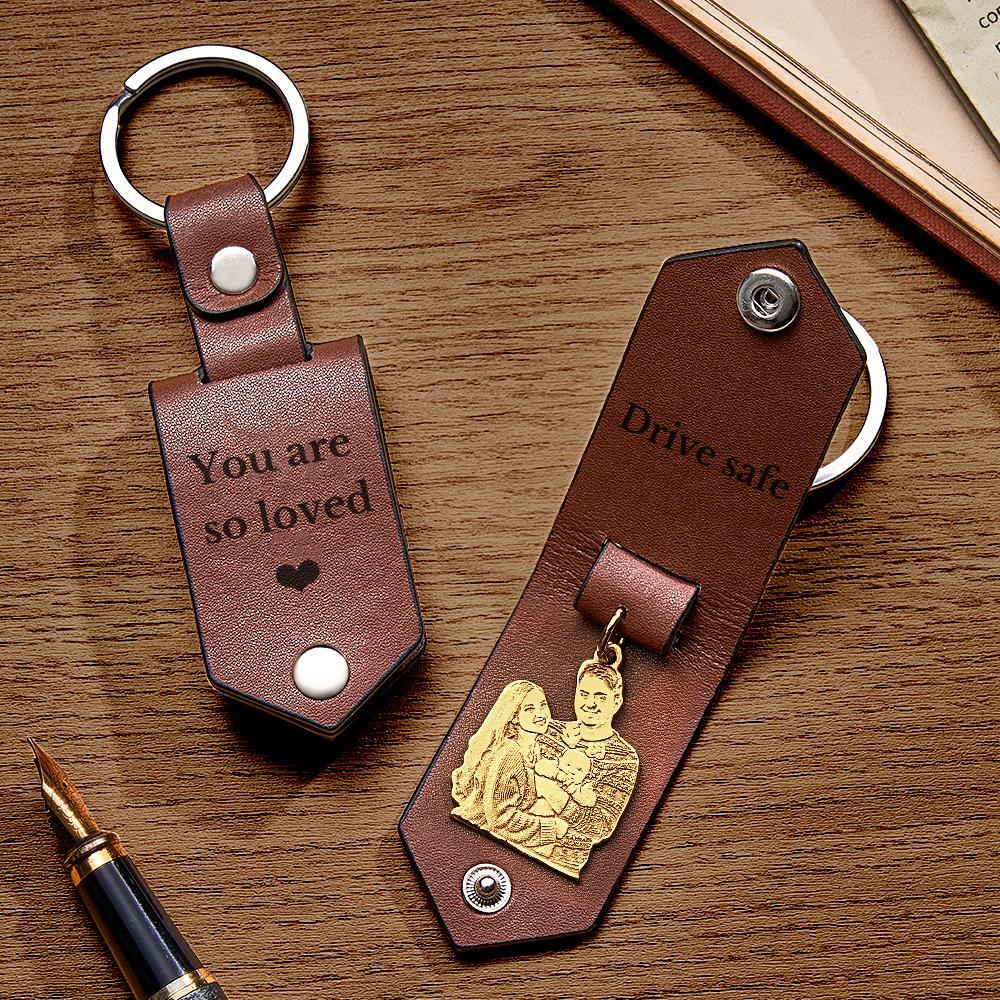 Custom Photo Leather Keychain With Text Annivesary Gifts For Men - PhotoKeychain