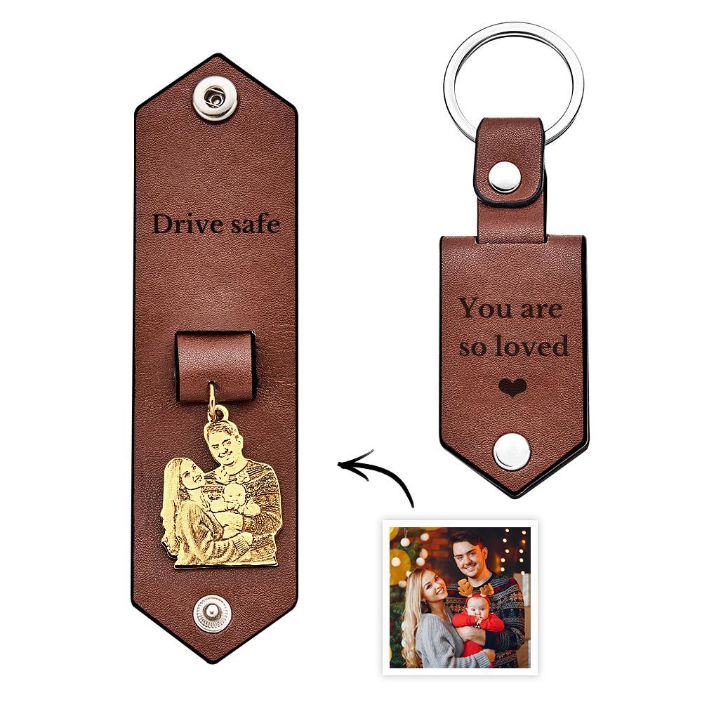 Custom Photo Leather Keychain With Text Annivesary Gifts For Men - PhotoKeychain
