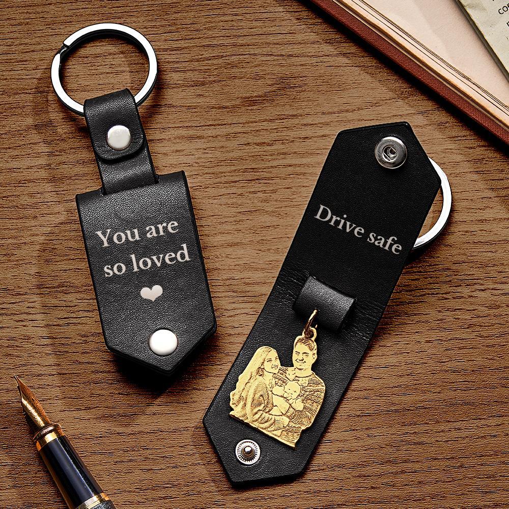 Custom Photo Leather Keychain With Text Annivesary Gifts For Men - PhotoKeychain