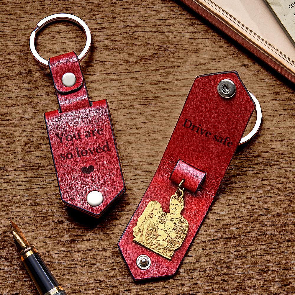 Custom Photo Leather Keychain With Text Annivesary Gifts For Men - PhotoKeychain