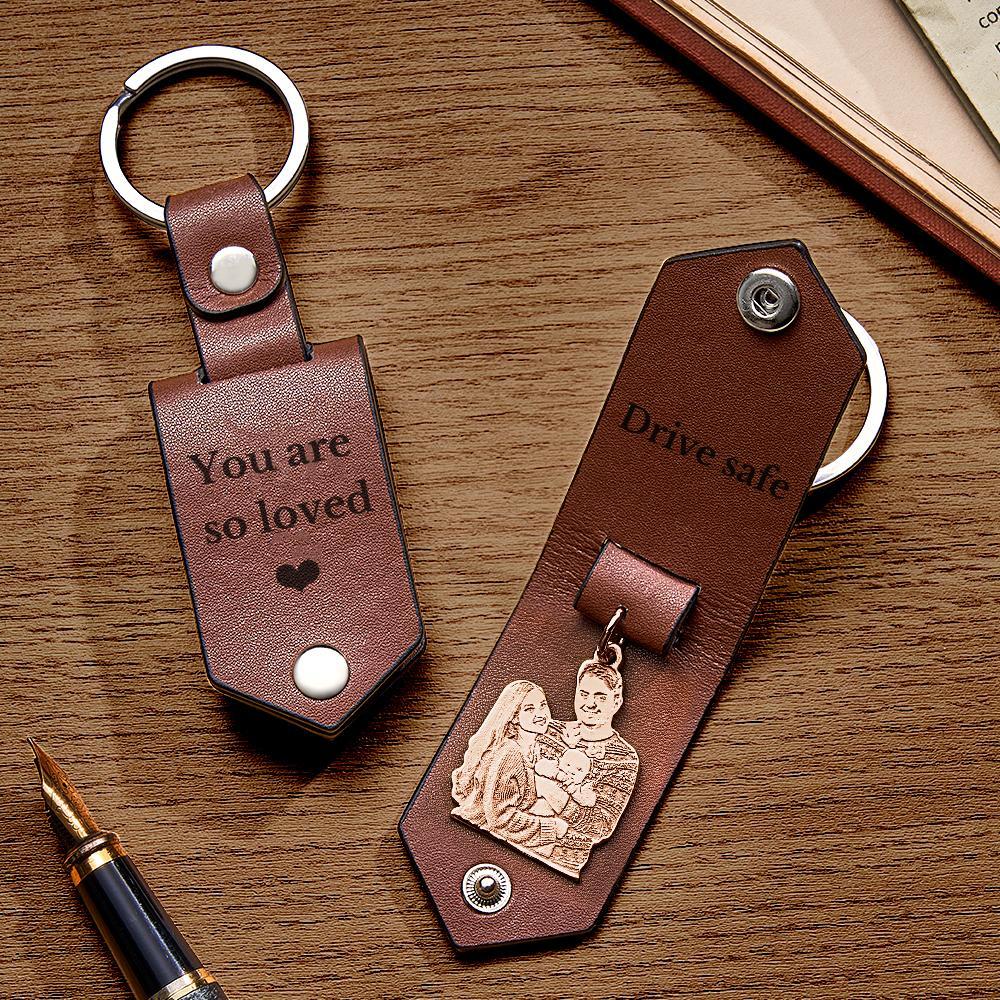 Custom Photo Leather Keychain With Text Annivesary Gifts For Men - PhotoKeychain