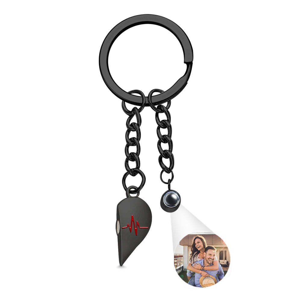 Custom Photo Heart Keychains Couple Projection Photo Magnetic Heartbeat Keyrings - PhotoKeychain