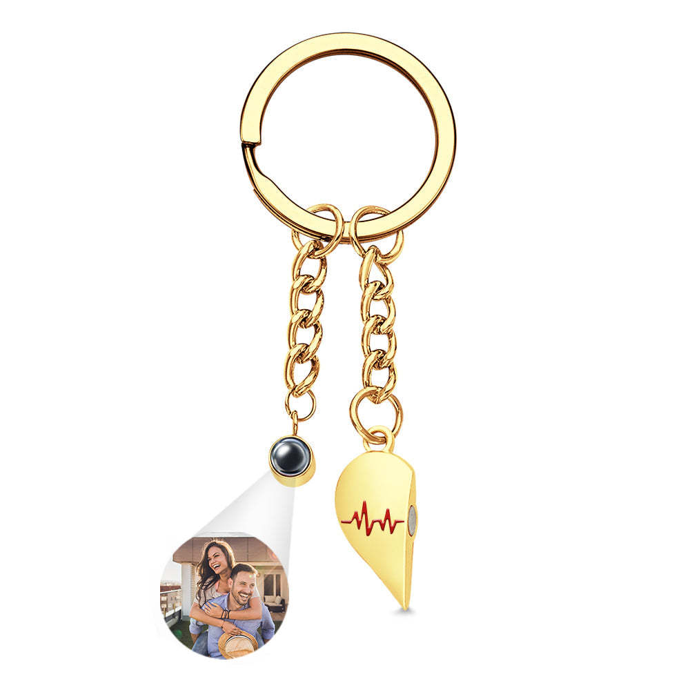 Custom Photo Heart Keychains Couple Projection Photo Magnetic Heartbeat Keyrings - PhotoKeychain