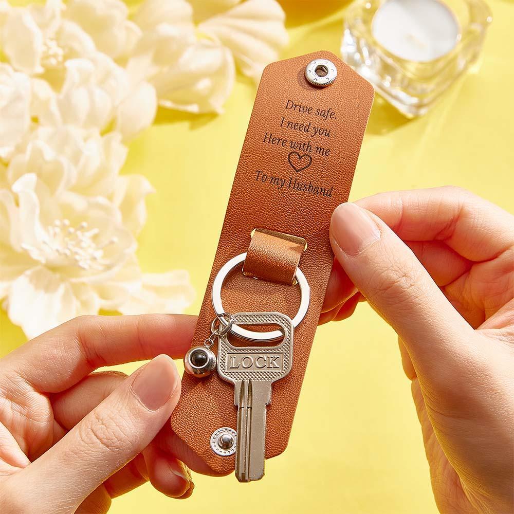 Custom Text Engraved Leather Keychain Personalized Photo Projection Gifts for Him - PhotoKeychain