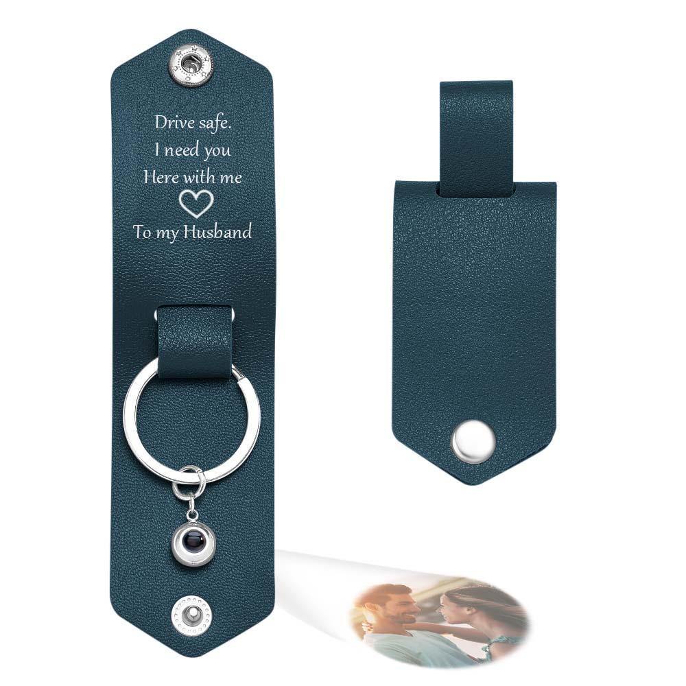 Custom Text Engraved Leather Keychain Personalized Photo Projection Gifts for Him - PhotoKeychain