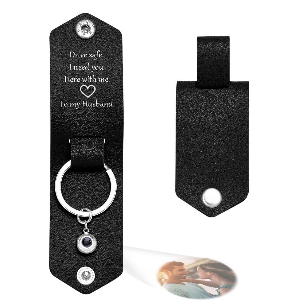 Custom Text Engraved Leather Keychain Personalized Photo Projection Gifts for Him - PhotoKeychain