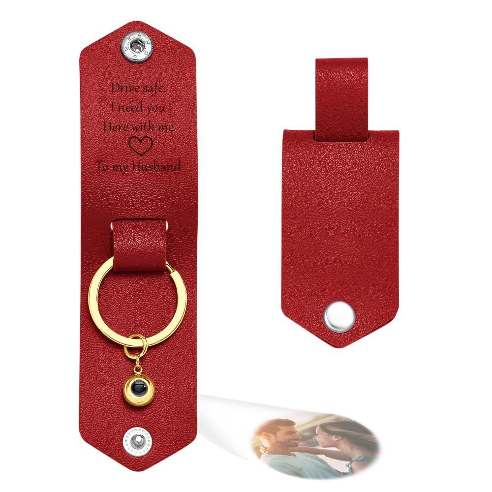 Custom Text Engraved Leather Keychain Personalized Photo Projection Gifts for Him - PhotoKeychain