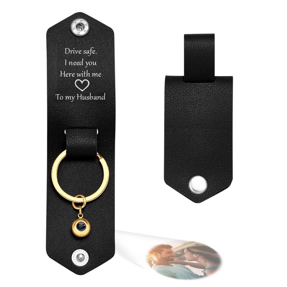 Custom Text Engraved Leather Keychain Personalized Photo Projection Gifts for Him - PhotoKeychain