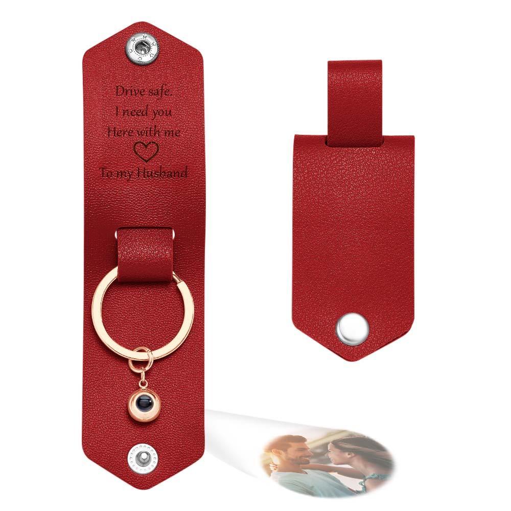 Custom Text Engraved Leather Keychain Personalized Photo Projection Gifts for Him - PhotoKeychain