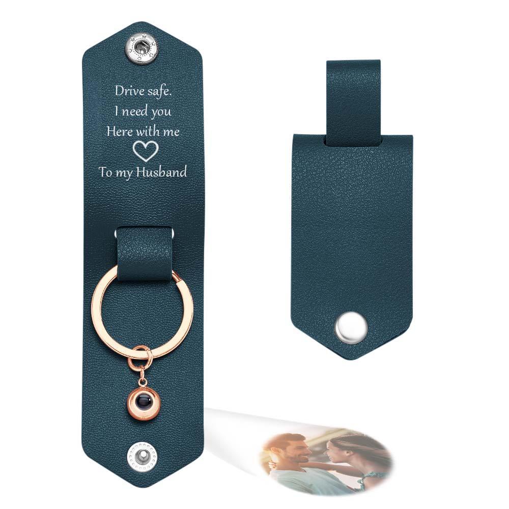 Custom Text Engraved Leather Keychain Personalized Photo Projection Gifts for Him - PhotoKeychain