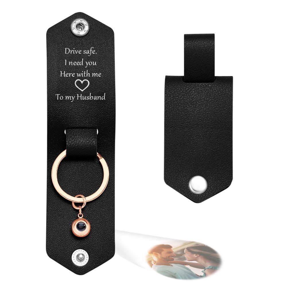 Custom Text Engraved Leather Keychain Personalized Photo Projection Gifts for Him - PhotoKeychain