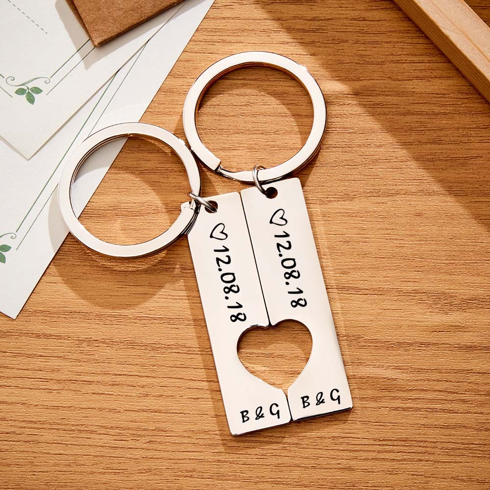 Couple Keychain Set Heart Custom Keychain Personalized 2pcs Matching Keyring Gift for Him - customphotokeychain