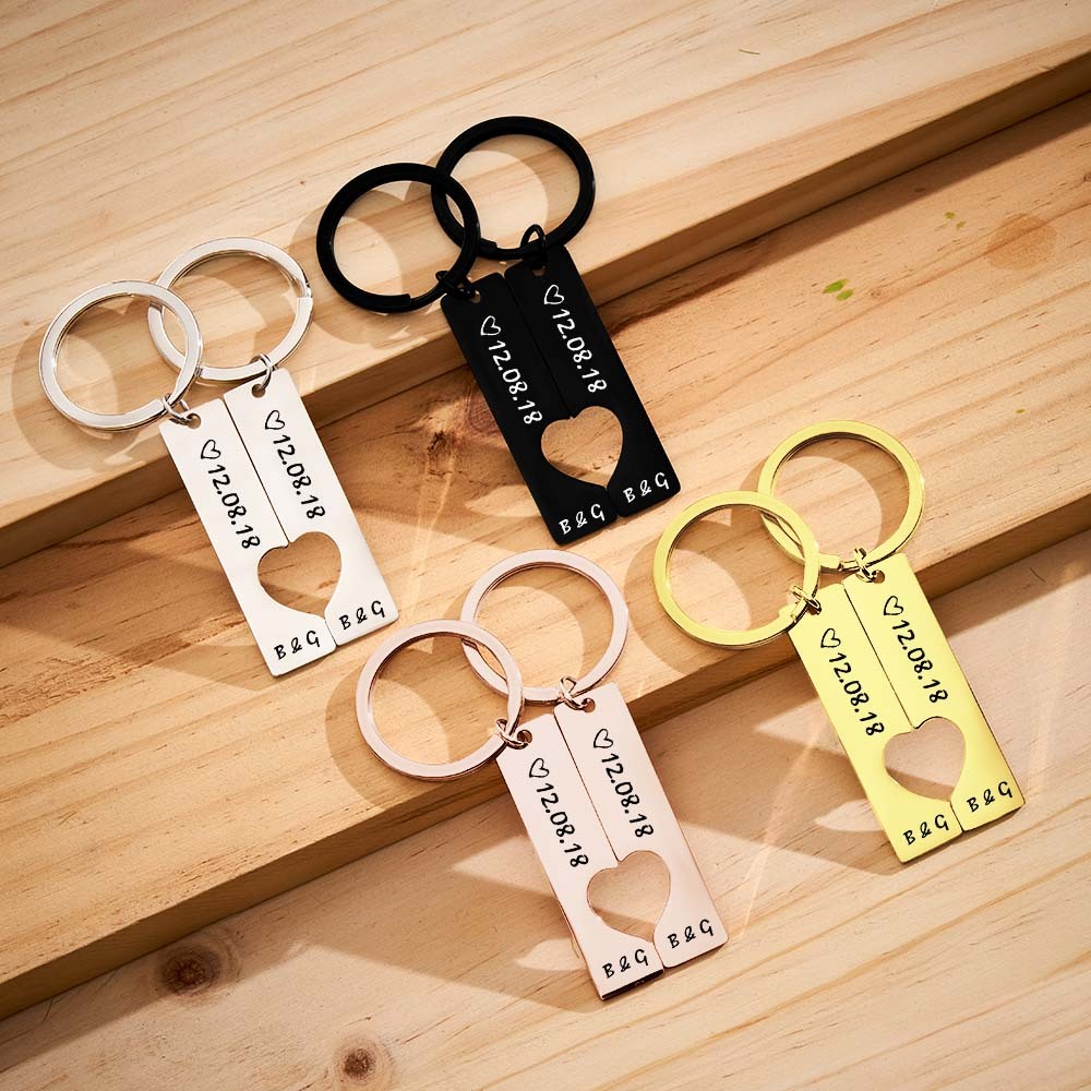 Couple Keychain Set Heart Custom Keychain Personalized 2pcs Matching Keyring Gift for Him - customphotokeychain
