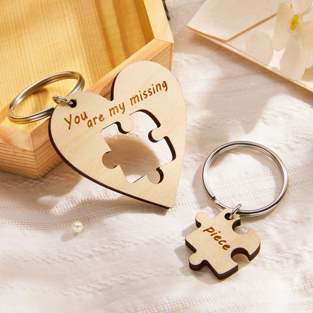 Custom Engraved Keychains Puzzle Love Wooden Gifts - PhotoKeychain