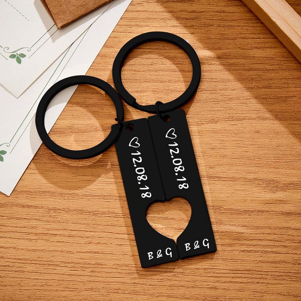 Couple Keychain Set Heart Custom Keychain Personalized 2pcs Matching Keyring Gift for Him - customphotokeychain