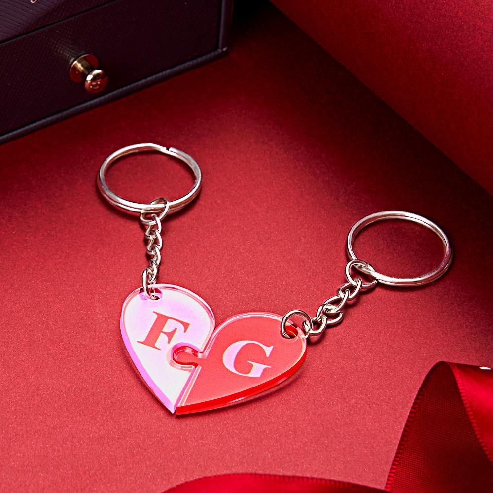 Custom Engraved Heart Puzzle Keychain Set First Initial Pendant Matching Heart Keychain for Couples - PhotoKeychain