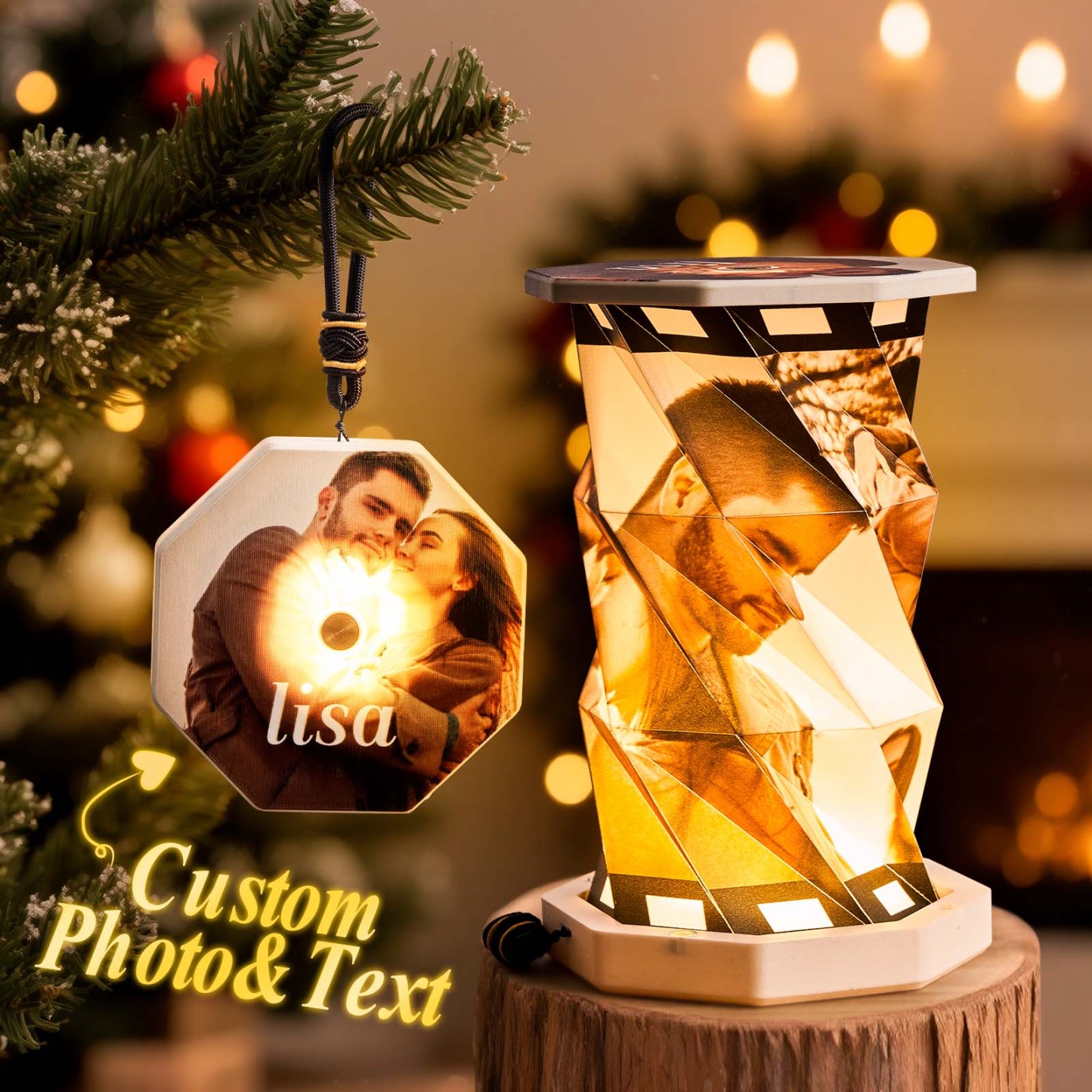 Custom Mini Rotating Night Light with Smart Touch Lighting Custom Photos and Name Christmas Gift - MyPhotoKeychainUK