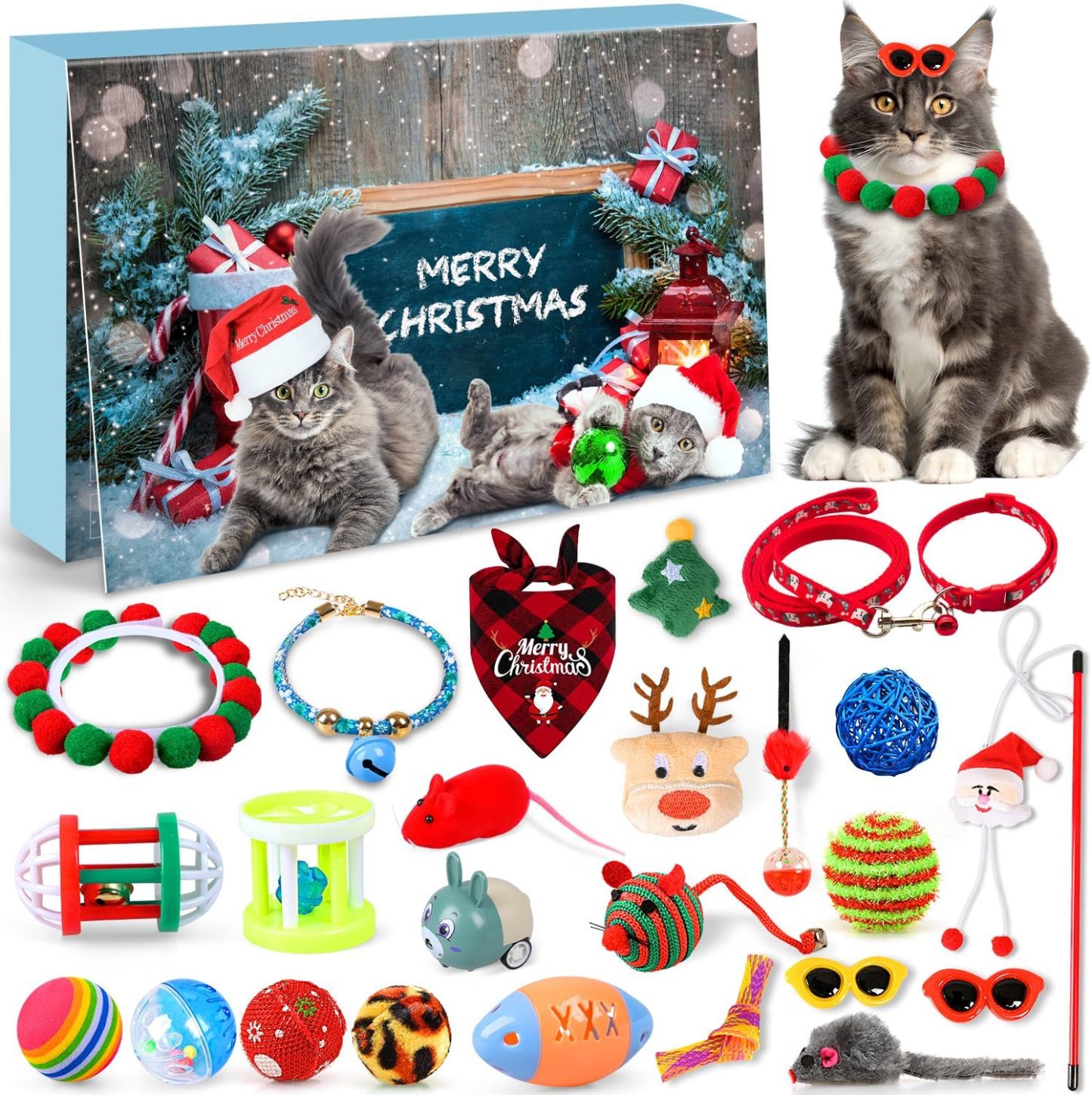 Cat Christmas Advent Calendar 24 Day Christmas Countdown Calendar with Assorted Cat Toys for Kitten Cat - MyPhotoKeychainUK