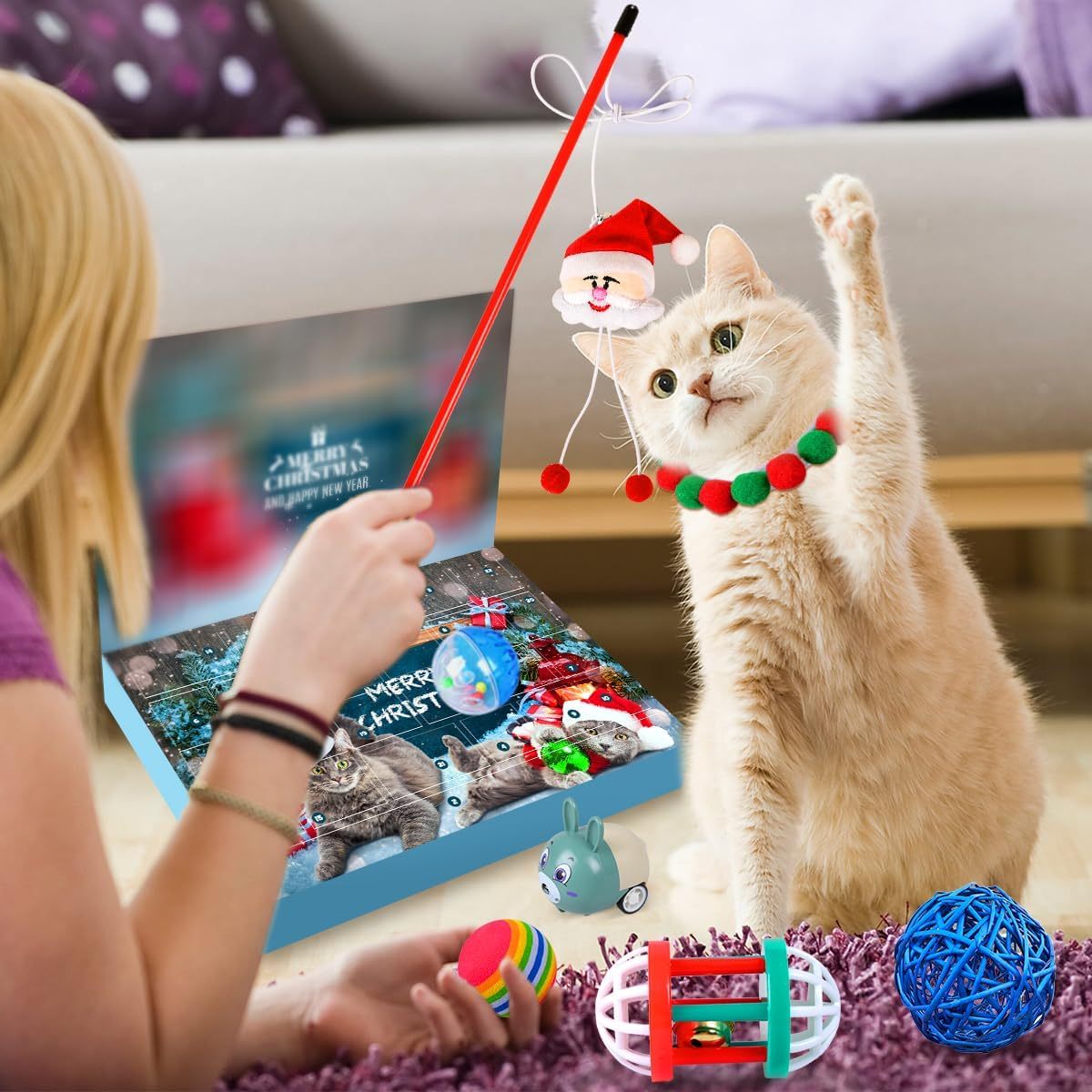 Cat Christmas Advent Calendar 24 Day Christmas Countdown Calendar with Assorted Cat Toys for Kitten Cat - MyPhotoKeychainUK