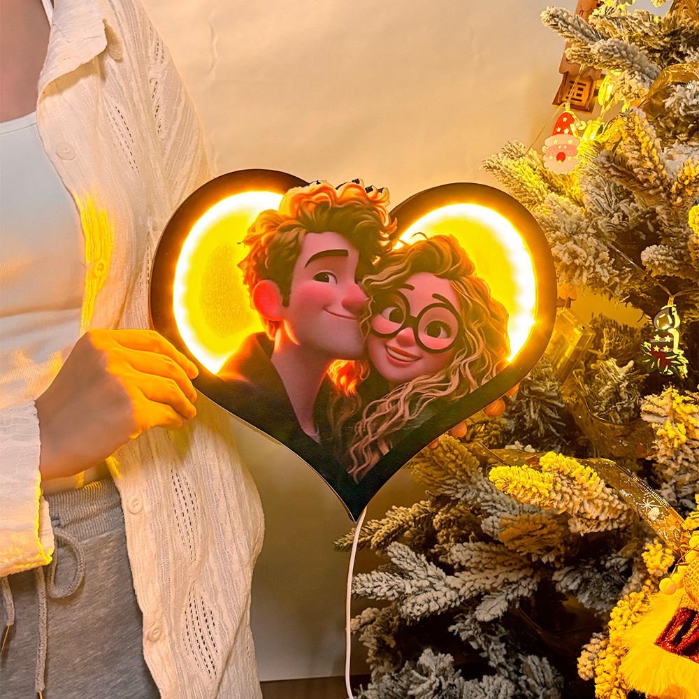 Valentine's Day Gifts Personalized Heart Photo Cartoon Portrait Frame with LED - CustomPhotoKeychainAU