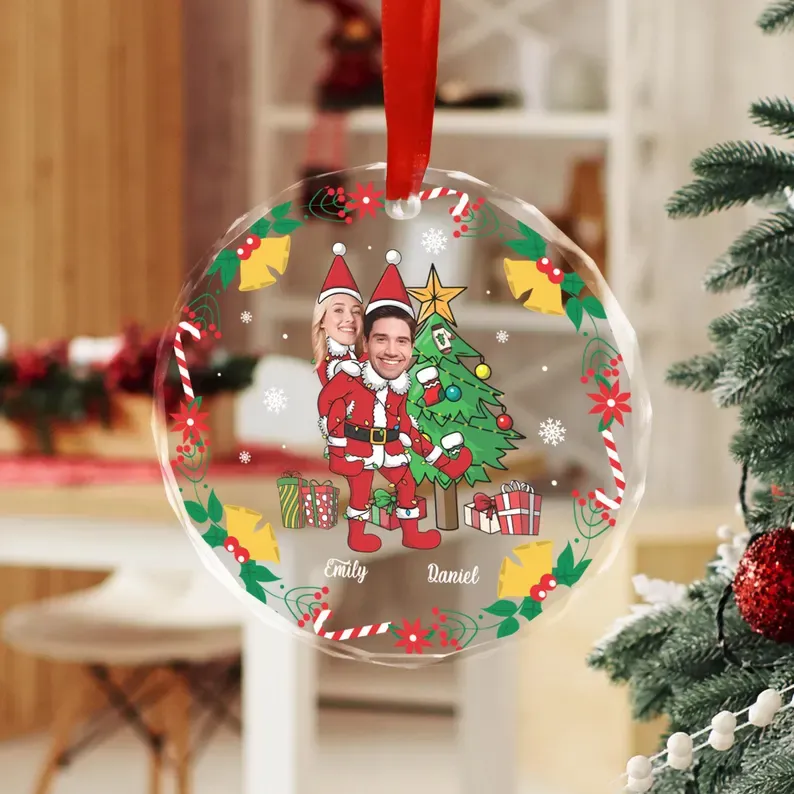 Couple Santa Christmas Ornament, Personalized Couple Funny Face Photo Ornament, Custom Face Gift For Husband Wife, Christmas Wedding Photo - CustomPhotoKeychainAU