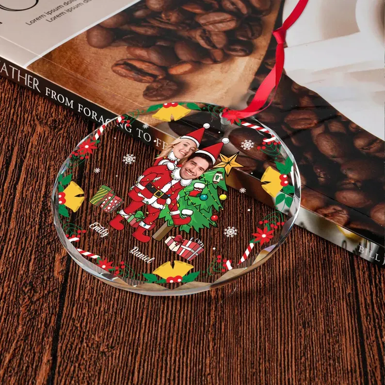 Couple Santa Christmas Ornament, Personalized Couple Funny Face Photo Ornament, Custom Face Gift For Husband Wife, Christmas Wedding Photo - CustomPhotoKeychainAU