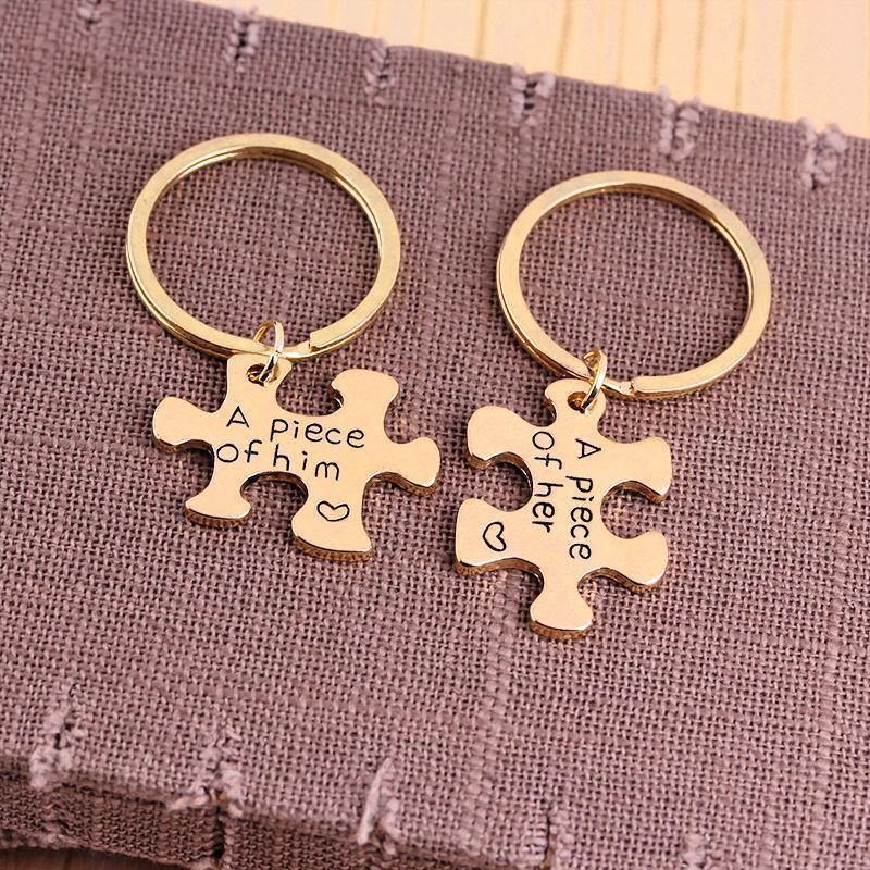 A Piece Of Him/Her Couple's Puzzle Keyring Gold Color - myphotokeyringau