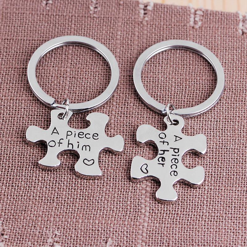 A Piece Of Him/Her Couple's Puzzle Keyring Silver Color - myphotokeyringau