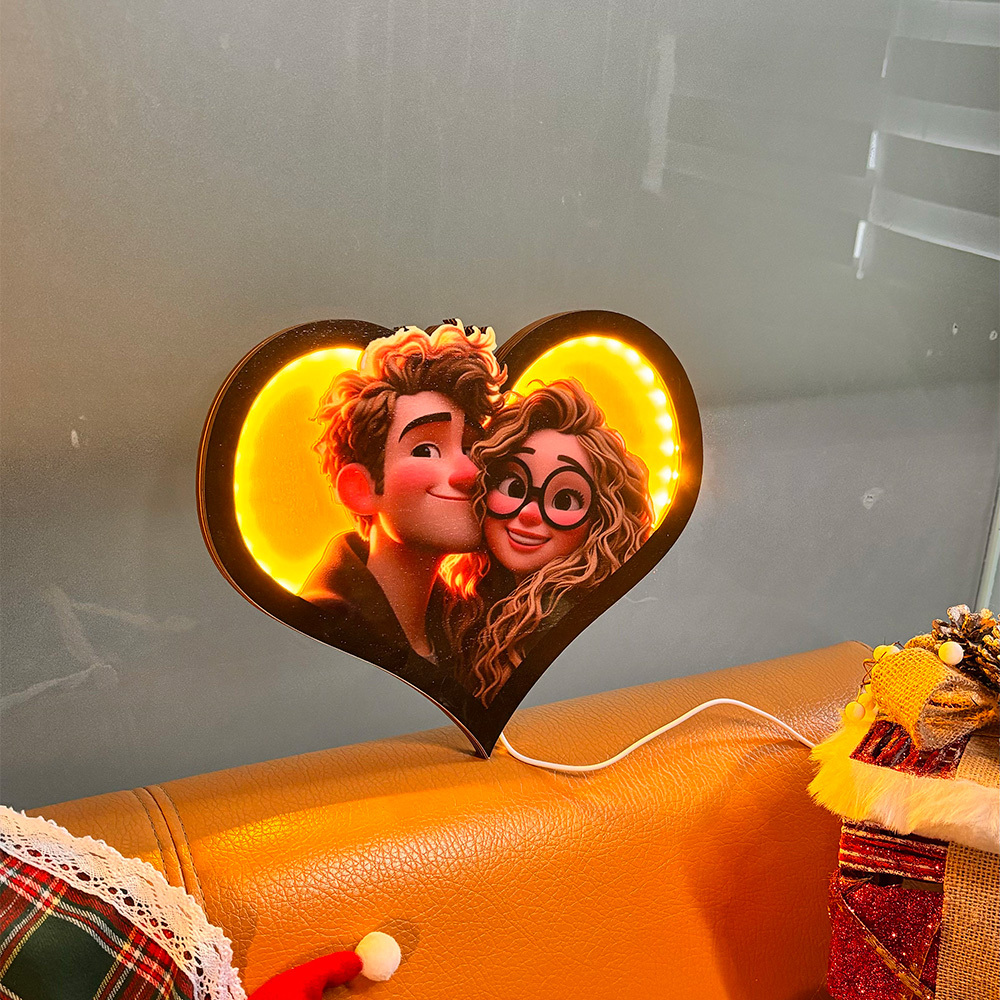 Valentine's Day Gifts Personalized Heart Photo Cartoon Portrait Frame with LED - CustomPhotoKeychainAU