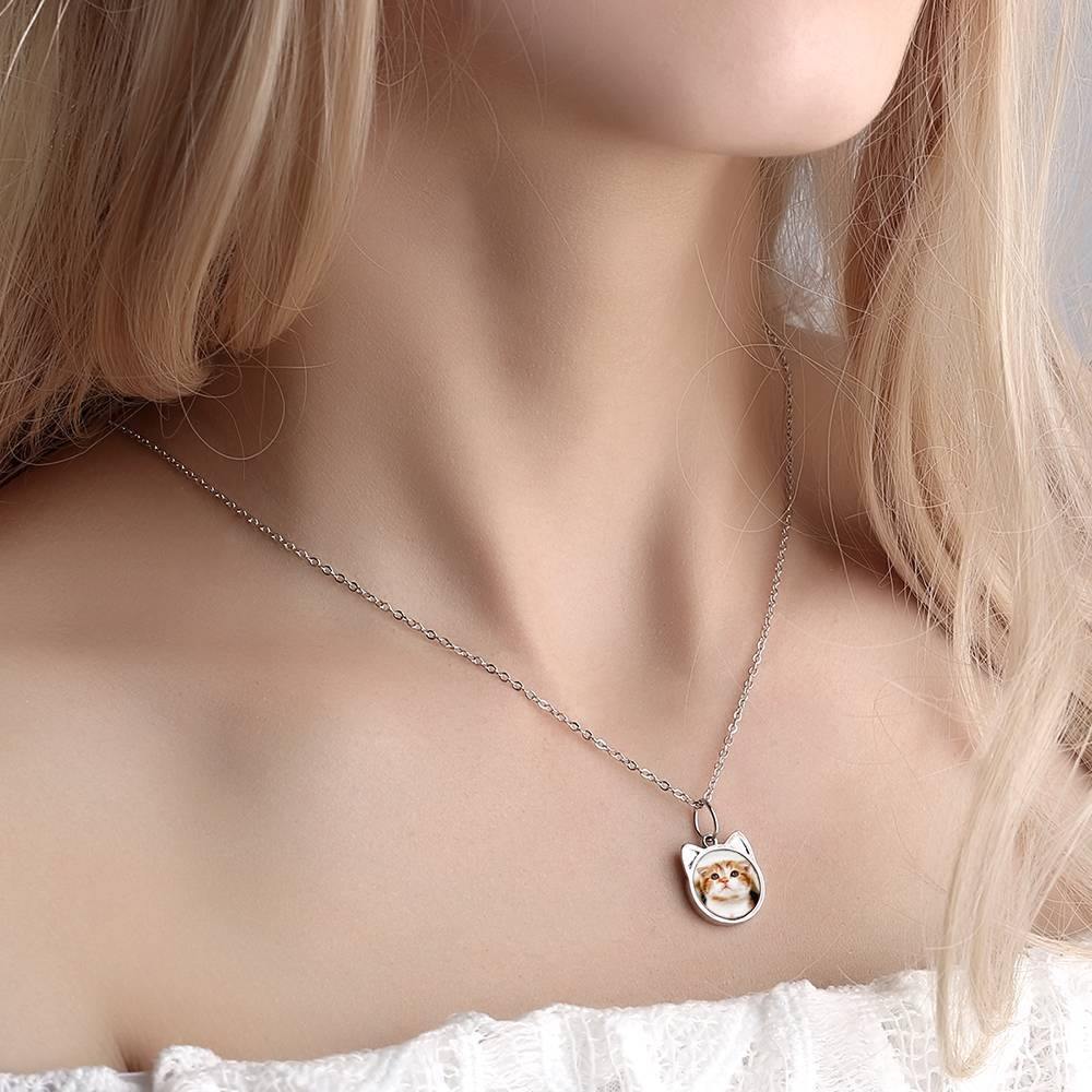 Personalized Cat Shaped Custom Photo Silver Necklace Festival Gift For Him - myphotokeyringau