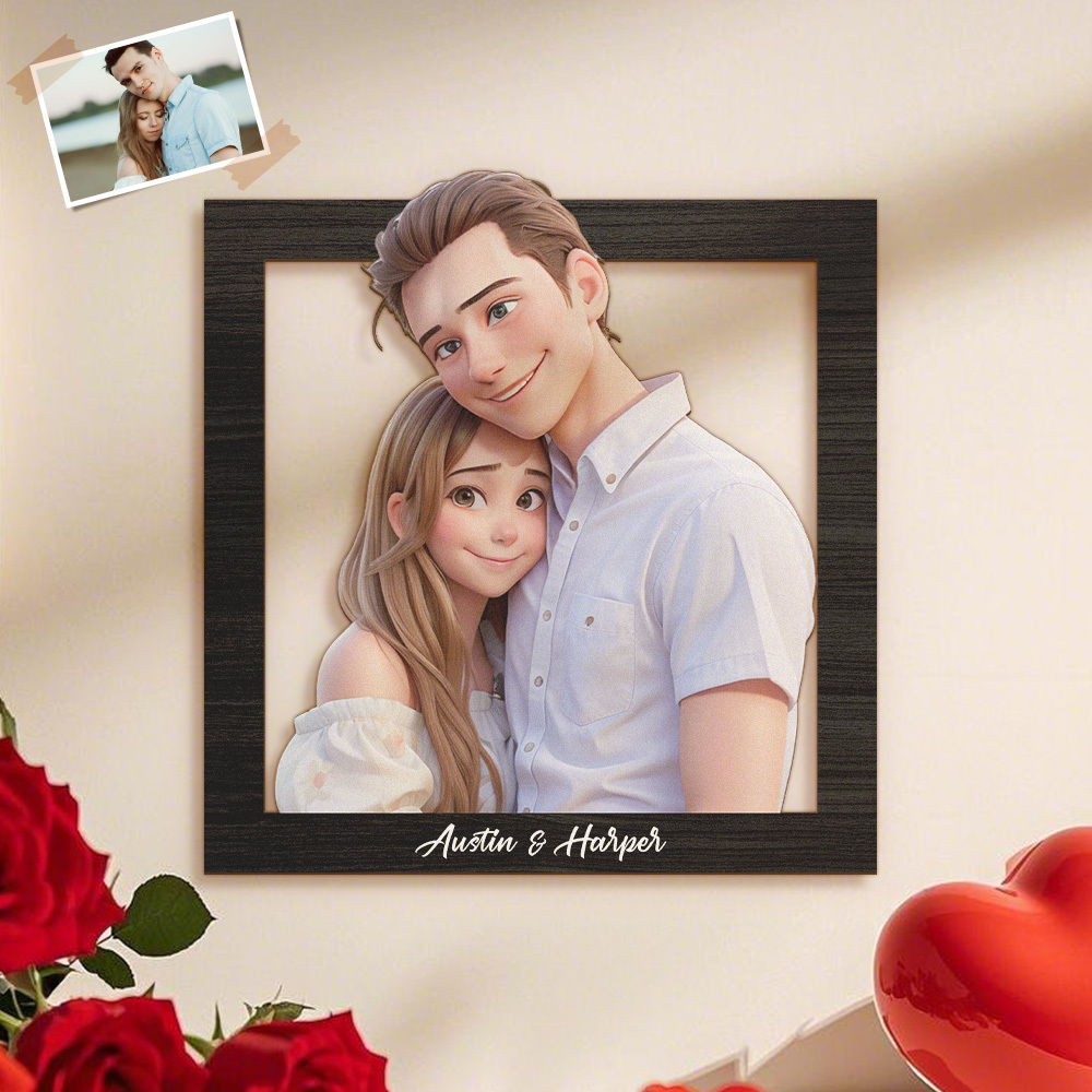 Personalized 3D wood cartoon family wall painting,Photo 3D painting,Custom couple cartoon portrait,Couple gift, family gift,Anniversary gift - CustomPhotoKeychainAU